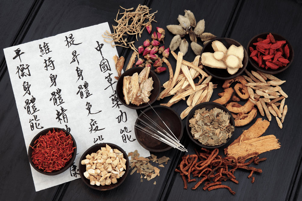 Plantes et feuille d'inscription de symboles chinois représentant la pharmacopée